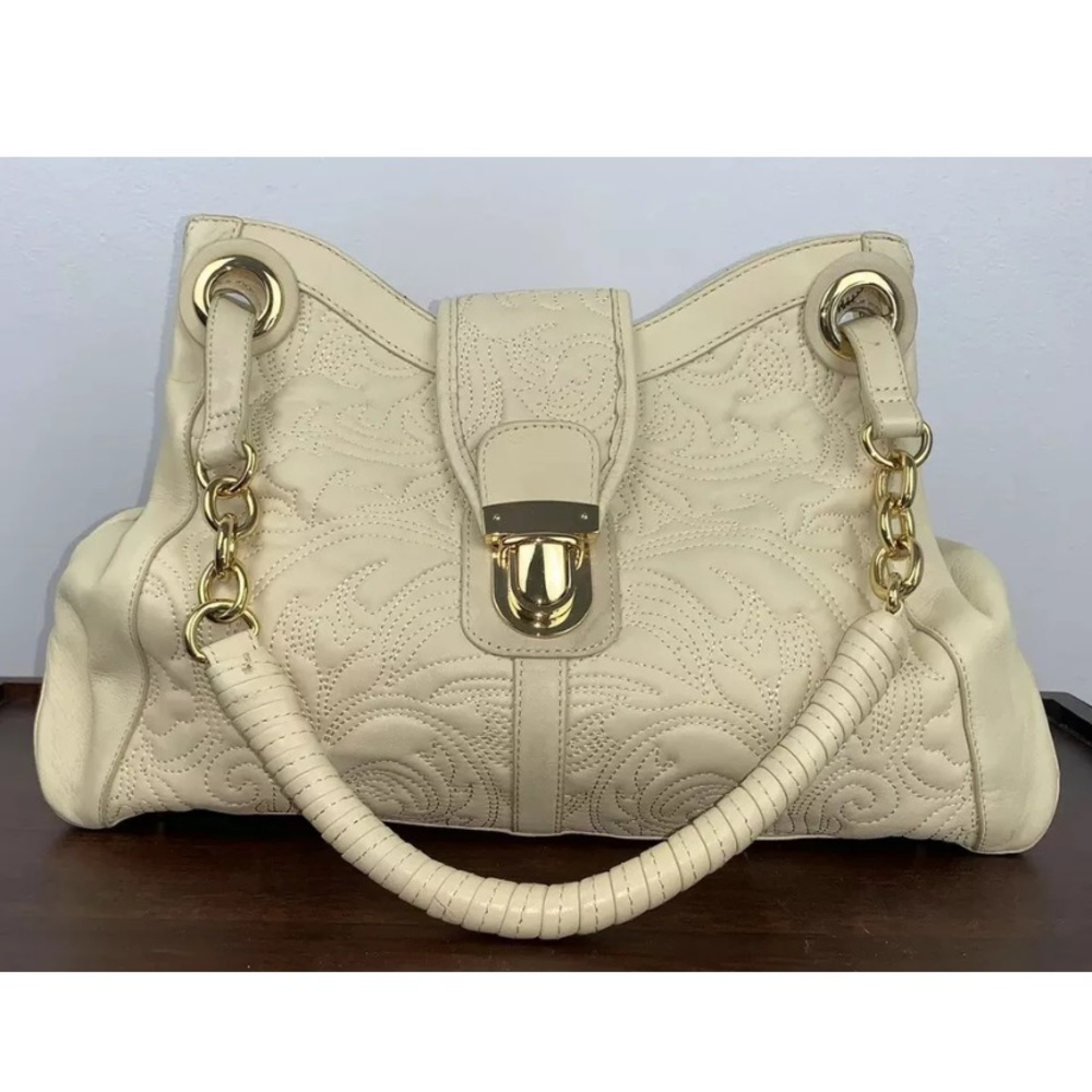 BCBG MAXAZRIA Tooled Leather Purse Satchel Cream